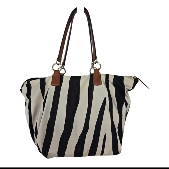 VTG Dooney & Bourke Zebra Print Tote Bag Nylon Leather Trim White Black Brown - Picture 2 of 15